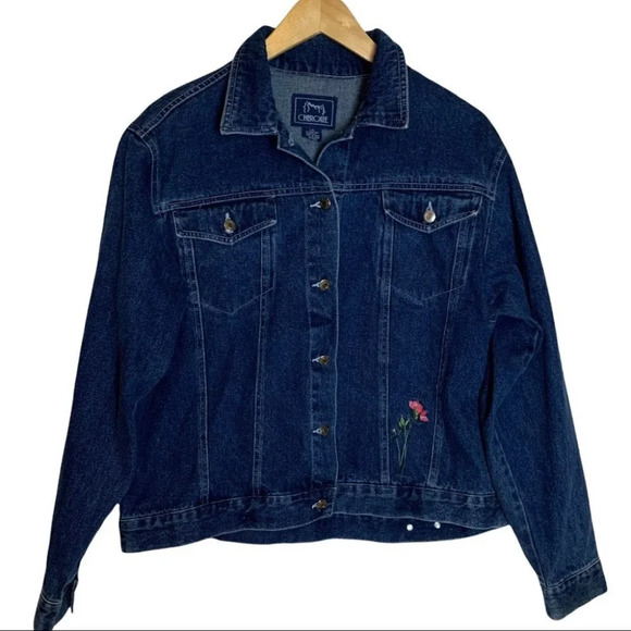 Vintage Jackets & Blazers - Vintage Cherokee Floral Embroidered Blue Jean Jacket Size Women’s  Large